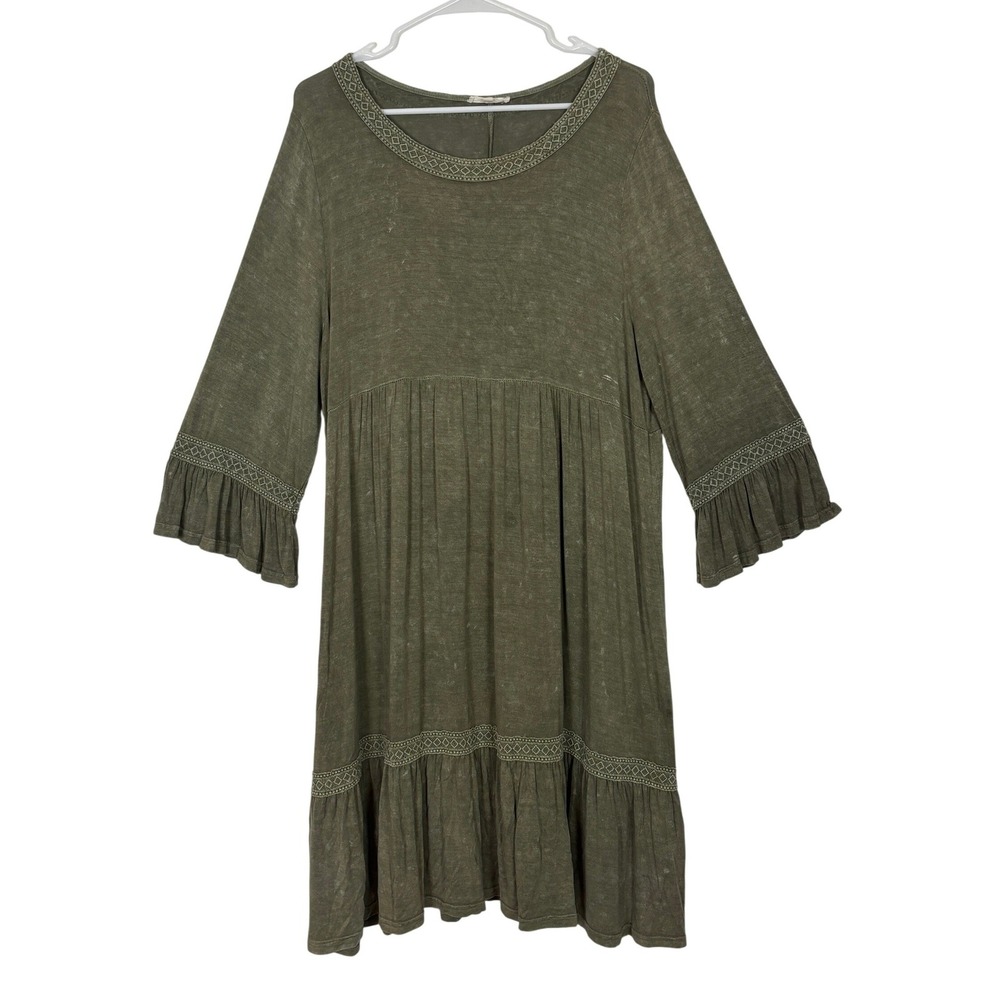 Boho Babydoll Dress Olive Green Embroidered Earthy Granola Hippie Mini MEDIUM